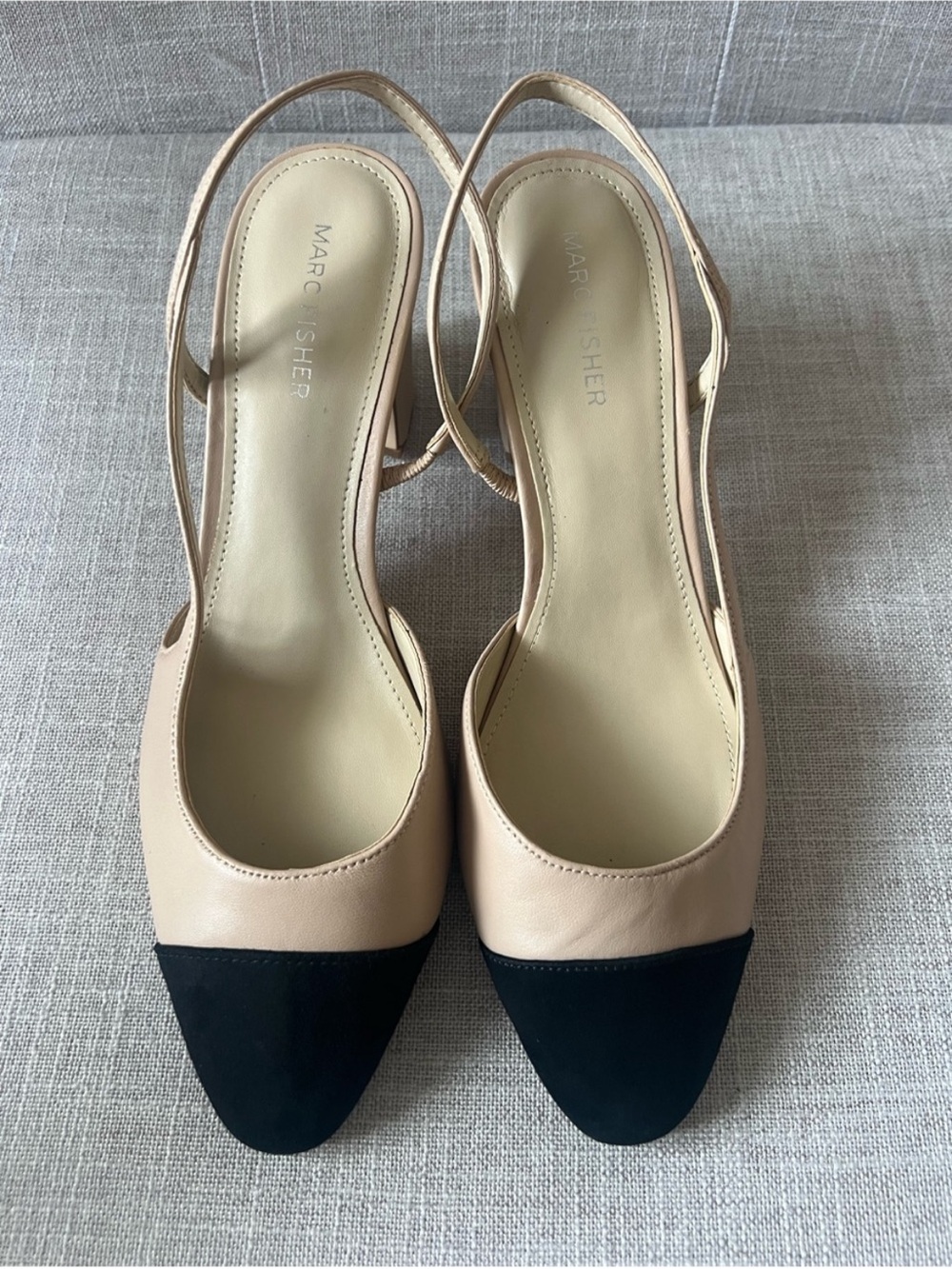 Marc Fisher beige/black slingback   heels, size 9, office dressy quiet luxury